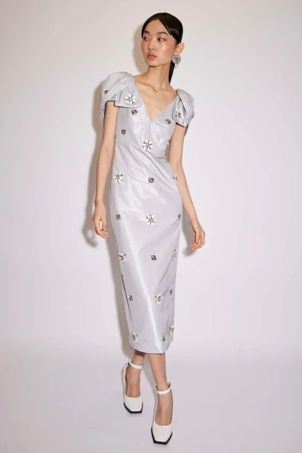 ROSELLA DRESS PALE BLUE EMBELLISHED METALLIC TAFFETA