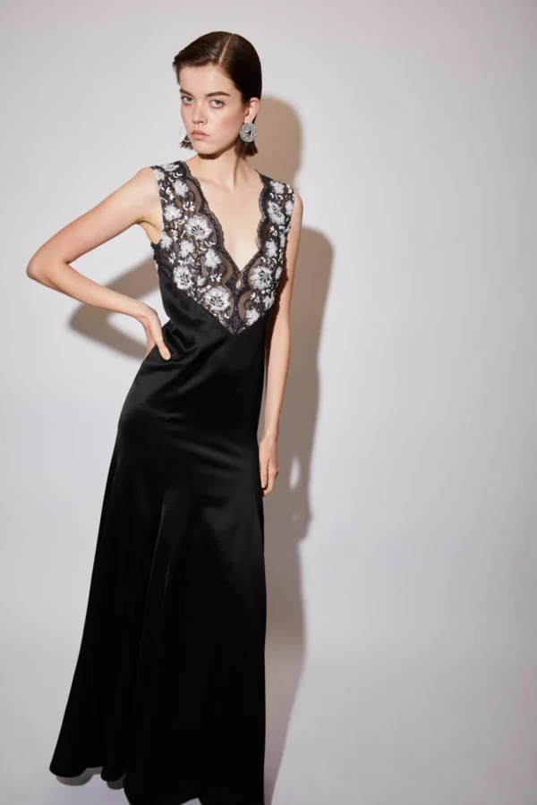 YVONNE GOWN BLACK EMBELLISHED LACE AND SATIN